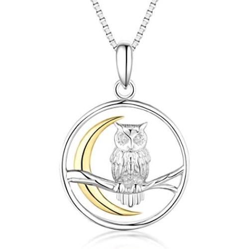 Bellrela 925 Sterling Silver Owl on The Branch Cresent Moon Pendant Necklace,18+2rolo Chain