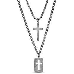 Steve Madden 28'' Oxidized Stainless Steel Box and Curb Chain Cross Pendant and Dogtag Duo Necklace Set For Men