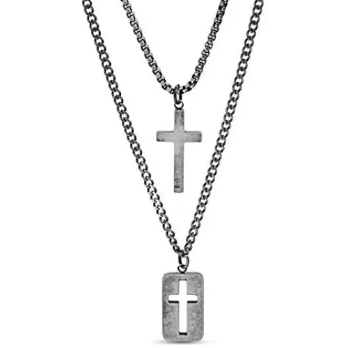 Steve Madden 28'' Oxidized Stainless Steel Box and Curb Chain Cross Pendant and Dogtag Duo Necklace Set For Men