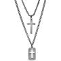 Steve Madden 28'' Oxidized Stainless Steel Box and Curb Chain Cross Pendant and Dogtag Duo Necklace Set For Men