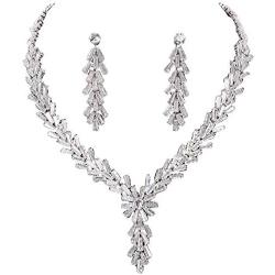 Jorsnovs Cubic Zirconia 2 Pcs Wedding Bridal Jewelry Set Zircon Silver Necklace and Dangle Earrings Gift Set for Party Dress Prom Gown