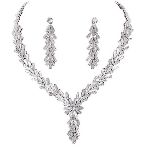 Jorsnovs Cubic Zirconia 2 Pcs Wedding Bridal Jewelry Set Zircon Silver Necklace and Dangle Earrings Gift Set for Party Dress Prom Gown