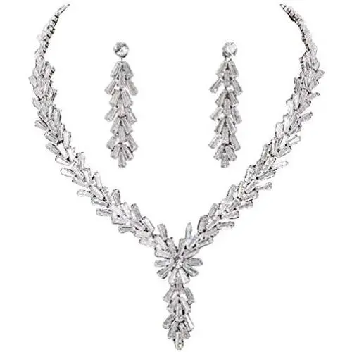 Jorsnovs Cubic Zirconia 2 Pcs Wedding Bridal Jewelry Set Zircon Silver Necklace and Dangle Earrings Gift Set for Party Dress Prom Gown
