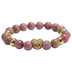 LuckyLy Gemstone Stainless Steel Bracelet For Women with Quartz Crystals Gold with Natural Rhodonite Stones
