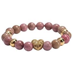 LuckyLy Gemstone Stainless Steel Bracelet For Women with Quartz Crystals Gold with Natural Rhodonite Stones