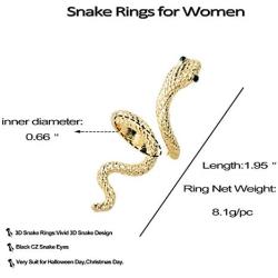 HUASAI 3D Snake Rings，Adjustable Simple Open Ring Personalized Middle Finger Thumb Ring Animal Halloween Jewelry Gifts for Women Girls