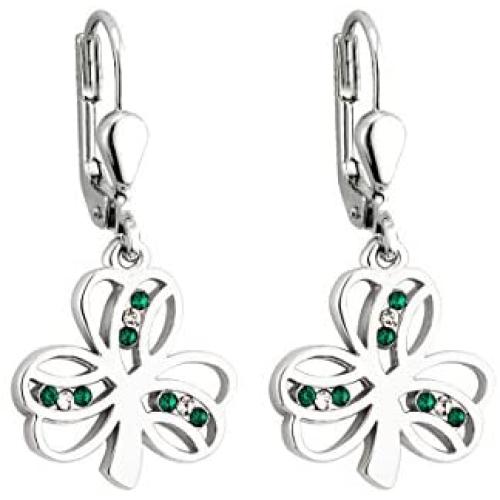 Jewelry Shamrock Earrings Rhodium Plated & Crystal Dangle Earrings Irish Made