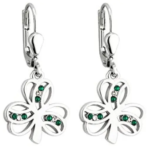 Jewelry Shamrock Earrings Rhodium Plated & Crystal Dangle Earrings Irish Made Jewelry Shamrock Earrings Rhodium Plated & Crystal Dangle Earrings Irish Made