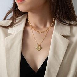 SANNYRA Layered Coin Necklace 14K Gold Plated Paperclip Link Chain Medallion Pendant Necklace Jewelry Gift for Women