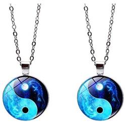 SaiDian 2 Pcs Fashion Yin Yang Necklaces Glass Pendant Dragon Moon Pattern Chakra Pendants Silver Cabochon Glass Necklace Sweater Long Chain