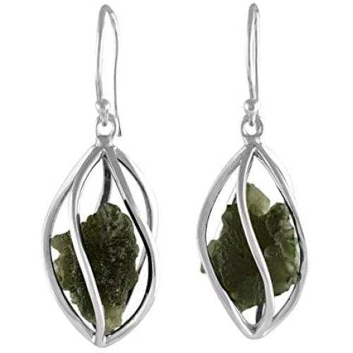 Starborn Sterling Silver Natural Moldavite Caged Earrings
