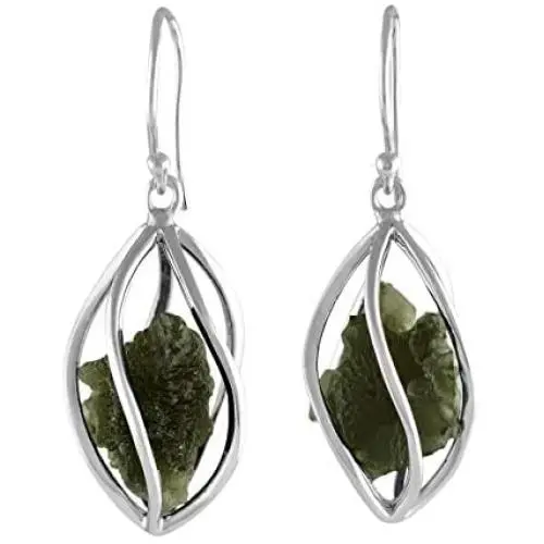 Starborn Sterling Silver Natural Moldavite Caged Earrings Starborn Sterling Silver Natural Moldavite Caged Earrings