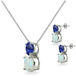 Sterling Silver Genuine, Simulated or Created Gem & Synthetic Opal Double Round Stud Earrings & Necklace Set