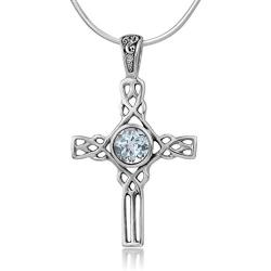 925 Sterling Silver Natural Blue Topaz Gemstone Celtic Cross Knot Unisex Pendant Necklace, 18''