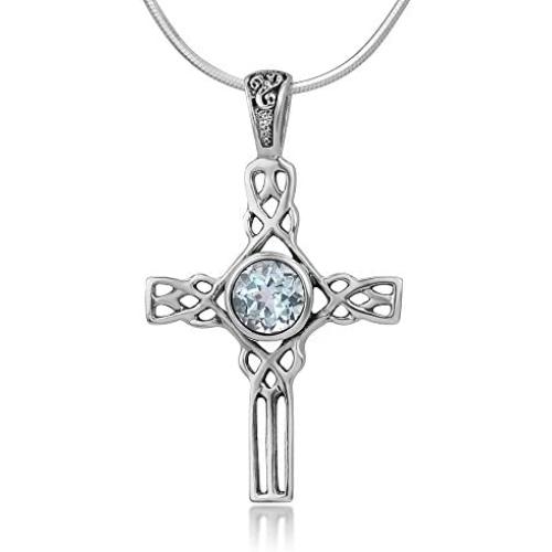 925 Sterling Silver Natural Blue Topaz Gemstone Celtic Cross Knot Unisex Pendant Necklace, 18''
