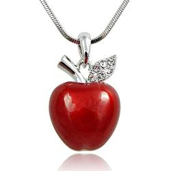 Twilight, Snow White Inspired 3D Juicy Red Apple Crystal Accented Leaf Pendant Necklace Halloween, Teacher Jewelry Gifts