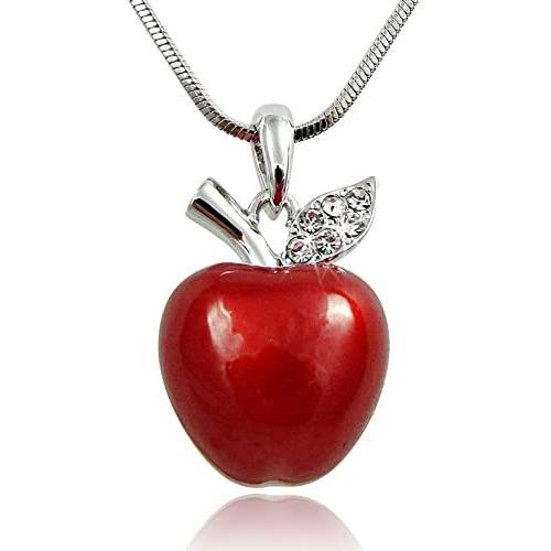 Twilight, Snow White Inspired 3D Juicy Red Apple Crystal Accented Leaf Pendant Necklace Halloween, Teacher Jewelry Gifts