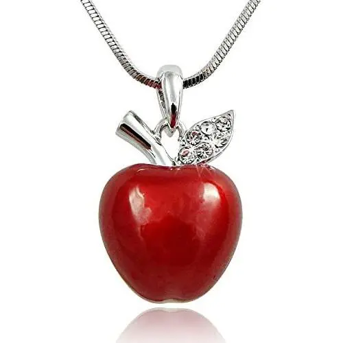 Twilight, Snow White Inspired 3D Juicy Red Apple Crystal Accented Leaf Pendant Necklace Halloween, Teacher Jewelry Gifts