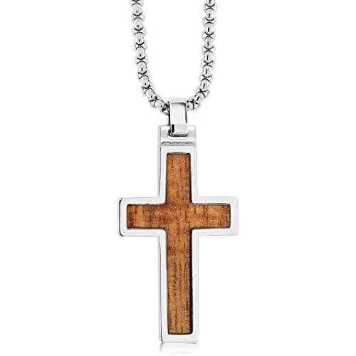 CROSS - WOOD INLAY TUNGSTEN CARBIDE CROSS PENDANT ON BOX CHAIN NECKLACE