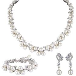 EVER FAITH Austrian Crystal CZ Simulated Pearl Victorian Style Necklace Earrings Bracelet Set Clear
