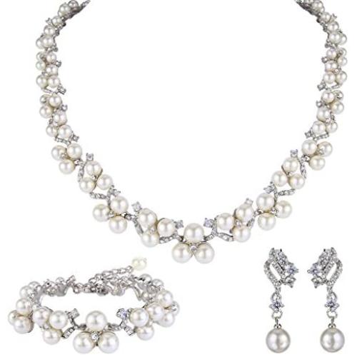 EVER FAITH Austrian Crystal CZ Simulated Pearl Victorian Style Necklace Earrings Bracelet Set Clear