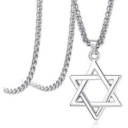 Udalyn Star of David Pendant Necklace Stainless Steel Jewish Silver Jewelry for Men Women Religious 24'' Link Chain