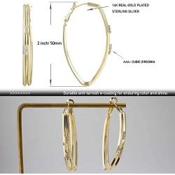 Oval Hoop Earrings for Women - Shiny Cubic Zirconia Double Hoop 14K Gold Plated 925 Sterling Silver Earrings