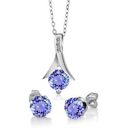 Gem Stone King 925 Sterling Silver Blue Tanzanite and White Diamond Pendant Earrings Set For Women (2.75 Cttw with 18 Inch Silver Chain)