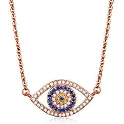 Kaletine Blue Evil Eye Pendant Necklace Sterling Silver 925 Cubic Zirconia CZ Chain Adjustable 16'' 17'' 18''
