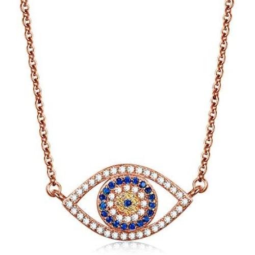 Kaletine Blue Evil Eye Pendant Necklace Sterling Silver 925 Cubic Zirconia CZ Chain Adjustable 16'' 17'' 18''