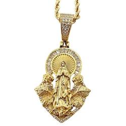 Shop-iGold Lady of Guadalupe Men Women 925 Italy Gold Finish Iced Silver Charm Ice Out Pendant Stainless Steel Real 3 mm Rope Chain, Mans Jewelry, Iced Pendant, Rope Necklace 16''- 24''