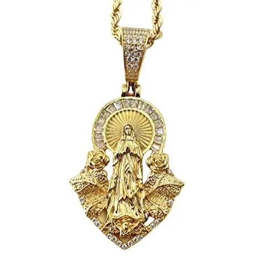 Shop-iGold Lady of Guadalupe Men Women 925 Italy Gold Finish Iced Silver Charm Ice Out Pendant Stainless Steel Real 3 mm Rope Chain, Mans Jewelry, Iced Pendant, Rope Necklace 16''- 24''