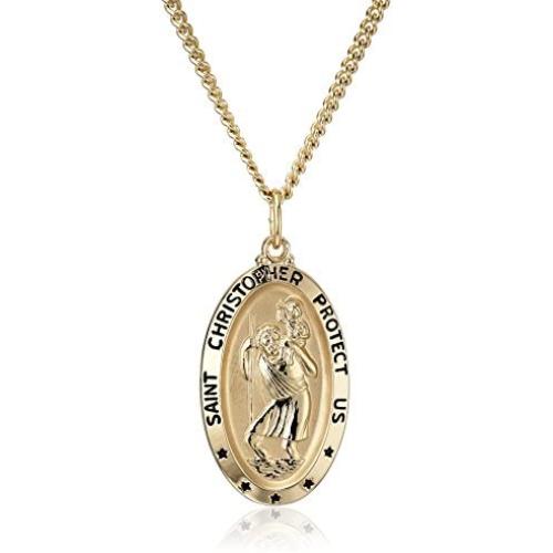14k Gold-Filled Oval Saint Christopher Pendant Necklace with Black Lettering and Gold Plated Stainless Steel Chain, 20''
