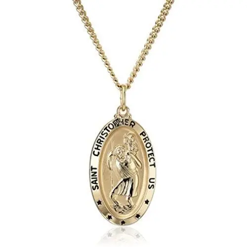 14k Gold-Filled Oval Saint Christopher Pendant Necklace with Black Lettering and Gold Plated Stainless Steel Chain, 20'' 14k Gold-Filled Oval Saint Christopher Pendant Necklace with Black Lettering and Gold Plated Stainless Steel Chain, 20''