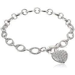 Sterling Silver Cubic Zirconia Pave Heart Charm Bracelet, 7.25''