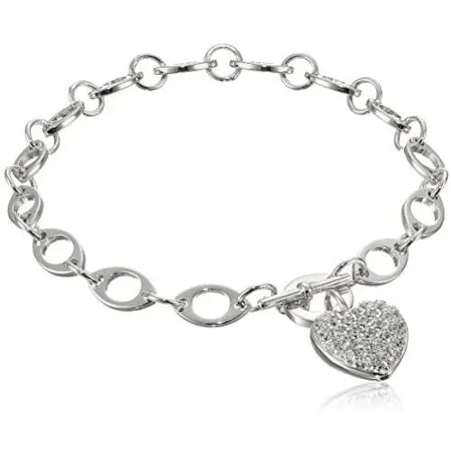 Sterling Silver Cubic Zirconia Pave Heart Charm Bracelet, 7.25'' Sterling Silver Cubic Zirconia Pave Heart Charm Bracelet, 7.25''