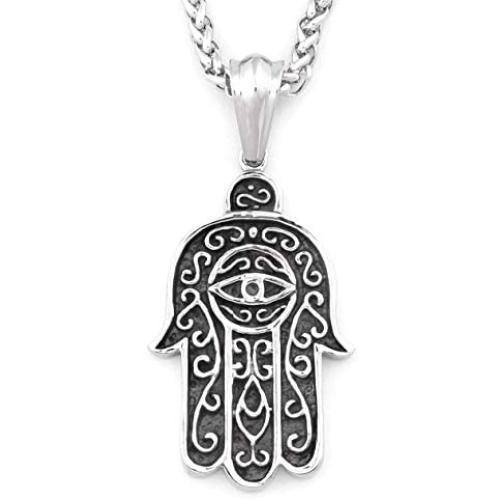 Warvik Hamsa Hand Evil Eye Jewish Necklace Pendant, Stainless Steel Jewelry Gold/Silver Color Mens Womens Wheat Chain 20/28inch