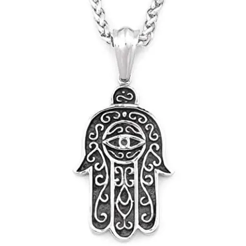 Warvik Hamsa Hand Evil Eye Jewish Necklace Pendant, Stainless Steel Jewelry Gold/Silver Color Mens Womens Wheat Chain 20/28inch