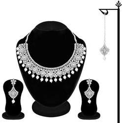 Aheli Matte Finish Traditional Indian Necklace Earrings Maang Tikka Set Wedding Party Bollywood Fashion Jewelry for Women