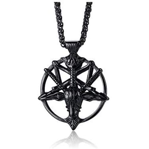 VNOX Church of Satan Seal of Baphomet Satanic Goat of Mendes Goat Head Devil Pendant Lucifer Necklace,Inverted Pentagram Amulet Jewelry