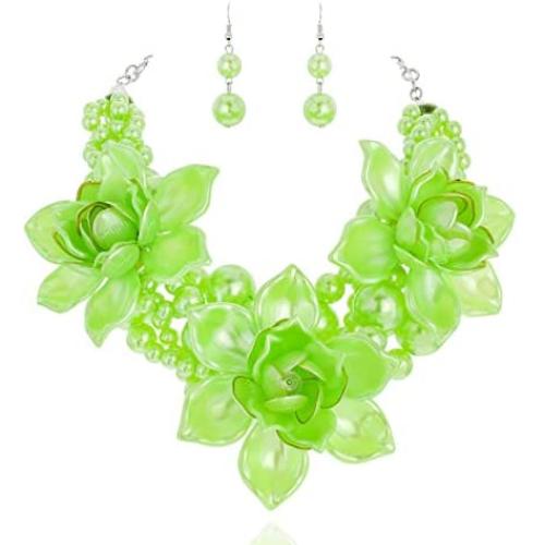 SP Sophia Collection Womens Braided Pearl and Enamel Flower Necklace and Earring Set