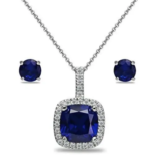 Sterling Silver Genuine or Synthetic Gemstone & White Topaz Cushion-Cut Necklace & Stud Earrings Set Sterling Silver Genuine or Synthetic Gemstone & White Topaz Cushion-Cut Necklace & Stud Earrings Set