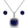 Sterling Silver Genuine or Synthetic Gemstone & White Topaz Cushion-Cut Necklace & Stud Earrings Set