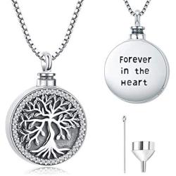 Odinstone Cremation Urn Necklace for Ashes, Tree of Life Sterling Silver Urn Jewelry Memorial Pendant- Always on My Mind Forever in My Heart (With Fill Kit and Gift Box)