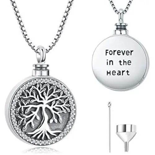 Odinstone Cremation Urn Necklace for Ashes, Tree of Life Sterling Silver Urn Jewelry Memorial Pendant- Always on My Mind Forever in My Heart (With Fill Kit and Gift Box)