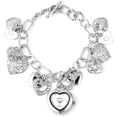 Shop LC Birthday Heart Multi Charm Bracelet Watch for Women STRADA White Austrian Crystal Enamled Japanese Movement Water (Rosetone/Goldtone/silver)