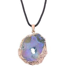 Natural Agate Slice Druzy Necklace - Irregular Slice Natural Quartz Geode Pendant Necklace with Gold Plated Edge, Bohemian Natural Stone Jewelry for Women