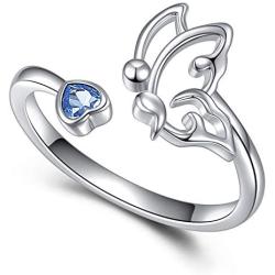 Semicolon Butterfly Survivor Rings 925 Sterling Silver Encouragement Fighter Ring Inspired Jewelry Minimalist Open Tail Finger Stacking Adjustable Ring with Blue CZ for Women Teen Girl Friend Gifts