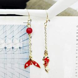 Red Carp Earrings for Women, Asymmetric Fishtail Red Ball Drop Dangle Earrings, Chinese Retro Earrings Hypoallergenic, Prom Koi Earrings Gifts for Girls