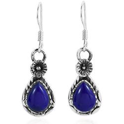 Classic Chic Teardrop Simulated Blue Lapis-Lazuli & Flower .925 Sterling Silver Dangle Earrings
